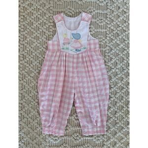 Vtg Seersucker Pink Checked Embroidered Preppy Classic Romper Overalls 12 M